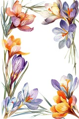 A colorful linear white background with crocuses in the corners, in the style of a watercolor painting