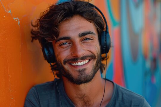 A person wearing headphones leans against a wall, possibly listening to music or taking a break