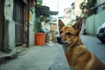 A brown dog sits on the side of a road, looking out at something