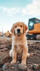 Golden Retriever Puppy on Construction Site: A golden retriever puppy sits on a dirt pile at a construction site, his soulful eyes and curious gaze peering into the camera.