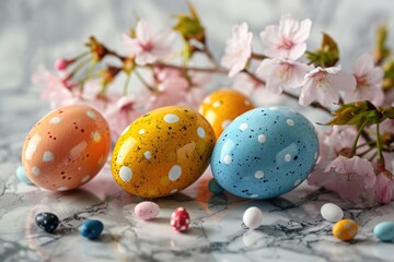 Fototapeta premium A collection of brightly colored Easter eggs arranged on a table