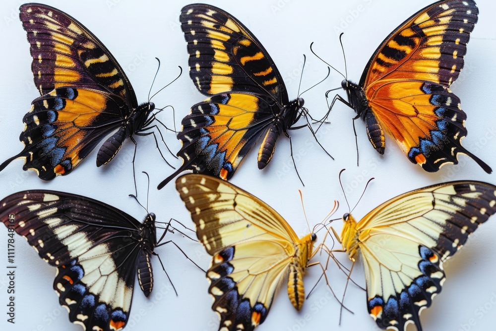 Poster a cluster of colorful butterflies perched on a smooth, white surface