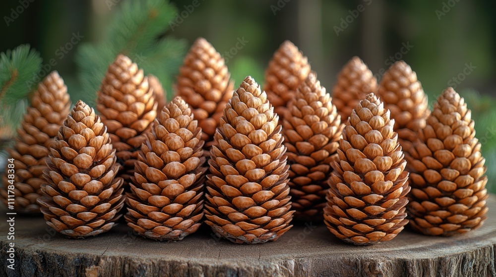 Poster a group of pine cones sit atop a tree stump in a natural setting