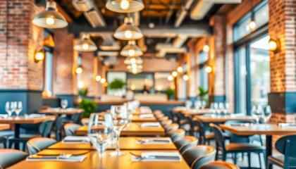 Blurred background of cozy restaurant interior with wooden tables set with glasses and plates, and exposed brick walls. Perfect for showcasing restaurant promotions, or hospitality branding