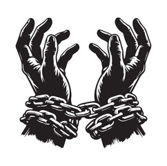 A pair of hands chained to a chain and a text words freedom. silhouette vector illustration.