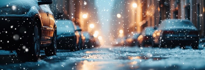 Snowfall on Cars in a Quiet Winter Street.