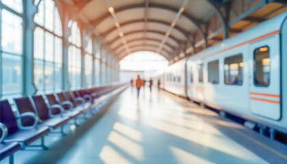 Blurred background of modern train station with passengers walking along platform, rows of empty seats and sleek train. Perfect as background for railroad travel, transportation, or urban mobility