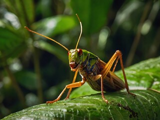 Fototapeta premium Vibrant Green Grasshopper Perched On Lush Leaf