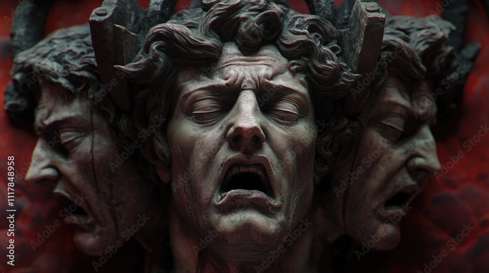 Poster a close-up of a statue depicting a man with his mouth open, often used in art or history-related con