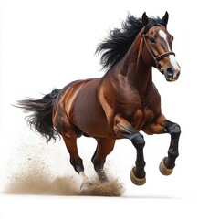 Obraz premium Majestic Bay Horse in Motion Powerful Gallop with Dust and White Background Stock Photo