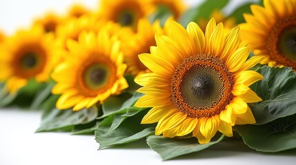Fototapeta premium Vibrant Sunflowers Close-Up A Stunning Bouquet of Yellow Sunflowers with Lush Green Leaves on White Background - Stock Photo