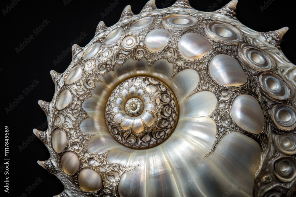 Poster A macro shot of a single seashell against a dark background, ideal for use in designs where simplicity and contrast are key