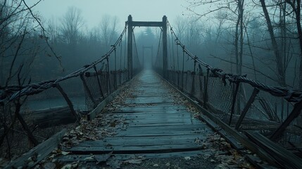 Fototapeta premium Old wooden suspension bridge in foggy forest.