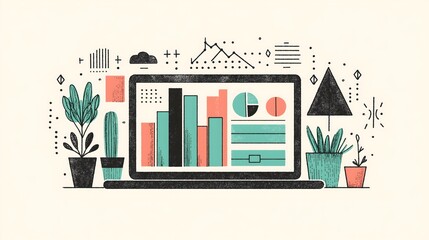 Creative Data Visualization on Laptop with Plants and Geometric Elements