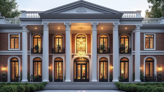 Luxurious Brick Mansion at Dusk Neoclassical Architecture with Grand Columns and Illuminated Windows.