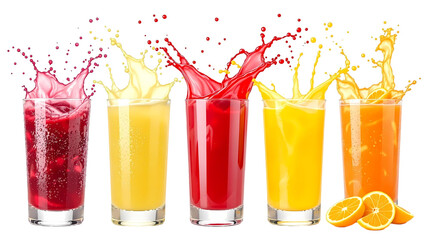 Colorful fruit juice splashes, vibrant liquid explosions, tall glasses
