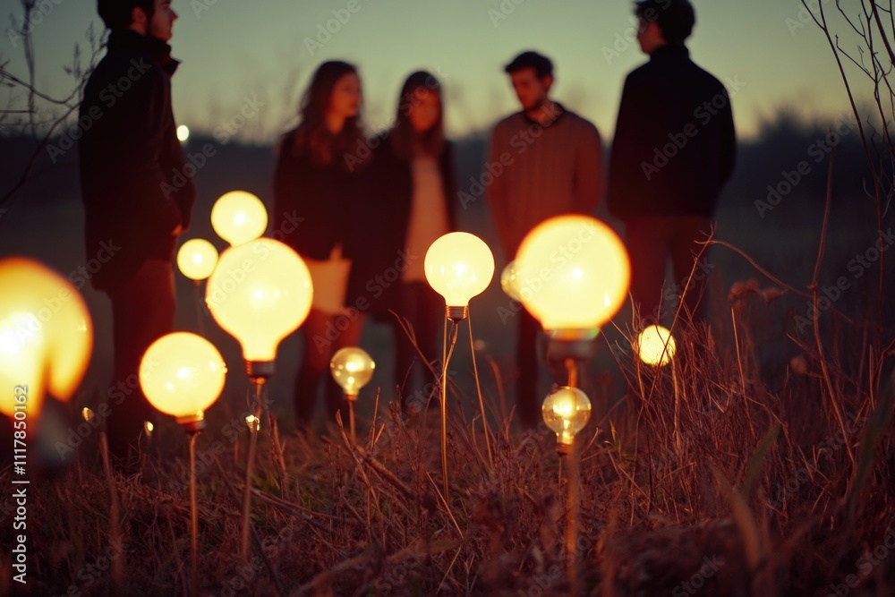 Poster group of people standing in a field of light bulbs, great for event or party concepts