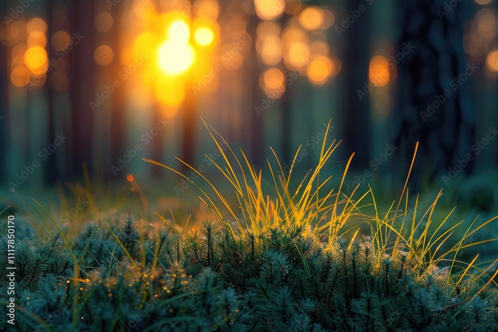 Poster a serene scene of sunlight shining through the treetops in a dense forest