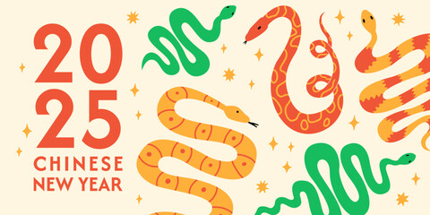 2025 chinese new year holiday banner with cute colorful snakes and stars. Vector flat background with fantasy reptiles. Zodiac symbol of lunar new year