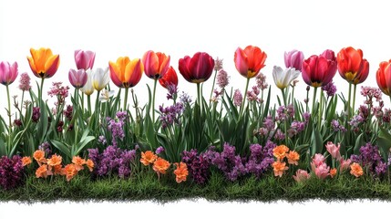 Fototapeta premium Vibrant Spring Border Colorful Tulips, Daffodils, and Hyacinths in a Lush Green Grass Setting - Perfect for Springtime Designs and Floral Arrangements