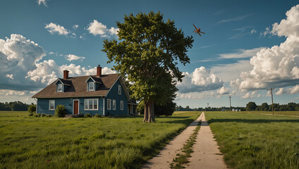 A blue house sits on a grassy field, reached by a dirt road. Large clouds 