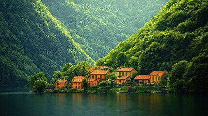 Fototapeta premium Orange houses nestled in lush green hills by a calm lake.