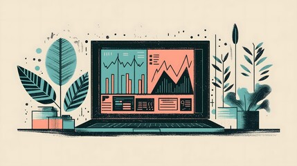 Digital Illustration of a Laptop Displaying Colorful Business Analytics Charts