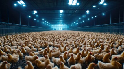 Obraz premium Industrial Chicken Farming Under Fluorescent Lights