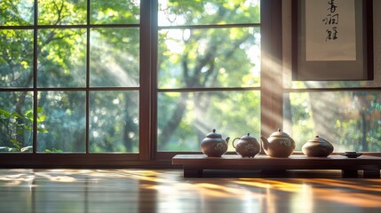 Fototapeta premium Tea Ceremony Setting with Sunlight Streaming Through Window