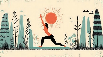 Illustration of Woman Practicing Yoga Outdoors Amidst Nature and Sunshine