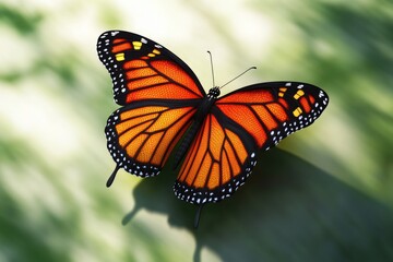 Fototapeta premium A beautiful large orange butterfly perched on the edge of a green leaf, awaiting its next move