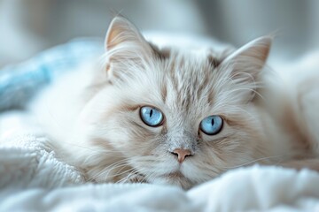 Obraz premium A domestic cat with striking blue eyes rests comfortably on a soft blanket