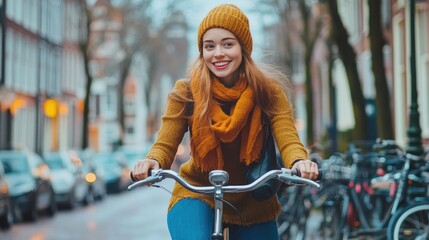 Obraz premium Happy young woman riding a bicycle on a city street - concept of vacation lifestyle, travel and transportation.