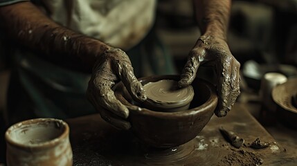 Hands, clay and pottery with skilled craftsmanship, tools