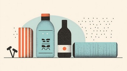 Stylized Illustration of Fitness and Wellness Accessories with Minimalist Design