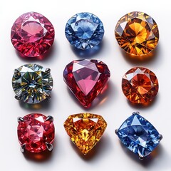 Fototapeta premium Nine Vibrant Gemstones Collection of Sparkling Red, Blue, Orange, and Yellow Precious Stones on White Background