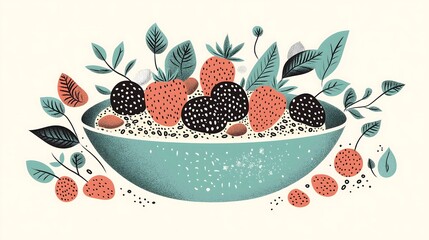 Colorful Illustration of Berries and Leaves in Decorative Bowl