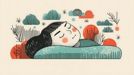 Dreamy Illustration of a Peaceful Sleep Amid Nature-Inspired Elements