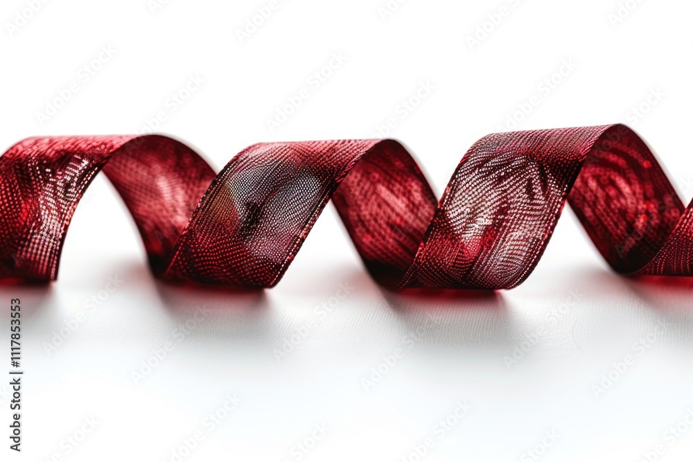 Poster A close-up view of a bright red ribbon on a clean white surface, ideal for use in designs related to love, passion, or memorial events