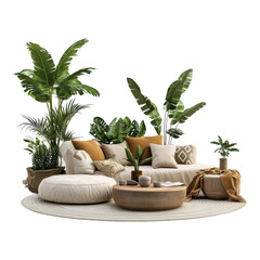 Stylish indoor lounge area adorned with lush greenery and cozy furnishings for a serene ambiance on transparent Background