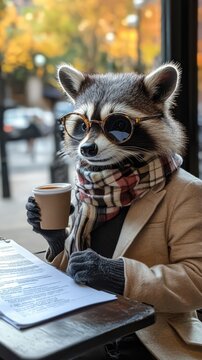 Raccoon at Cafe: A stylish raccoon dons glasses and a scarf, holding a cup of coffee while looking at papers at a cafe. The image captures a humorous yet human-like quality of the wild animal.