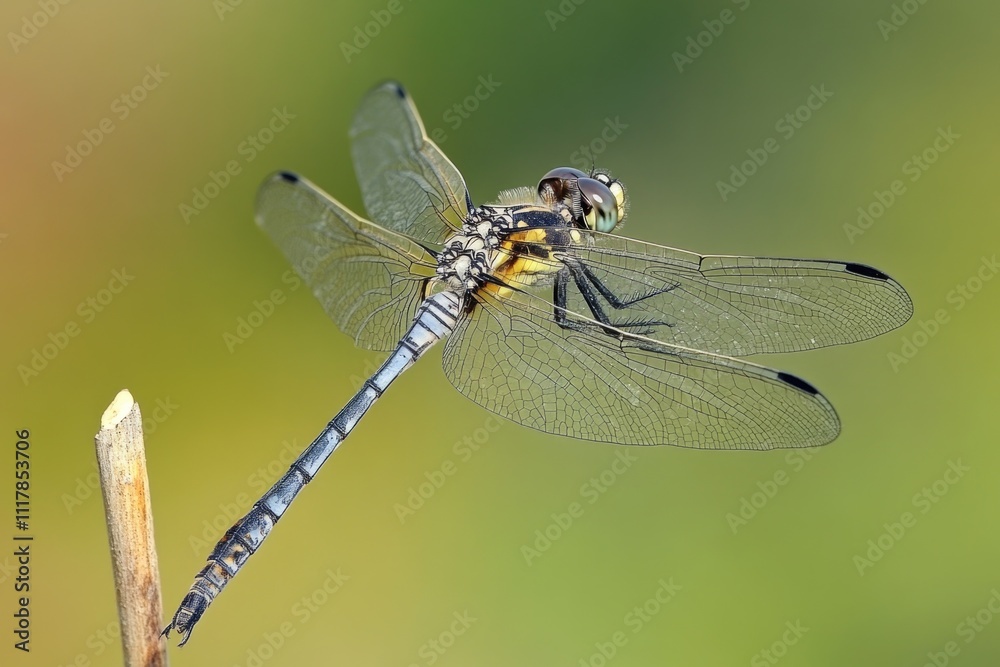 Poster close-up shot of a dragonfly perched on a twig, highlighting its delicate features and natural habit