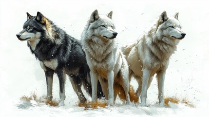 Naklejka premium Majestic Trio Three Wolves in Winter Wonderland - Artistic Wildlife Painting.