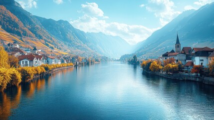 Picturesque autumnal village nestled in valley beside river.