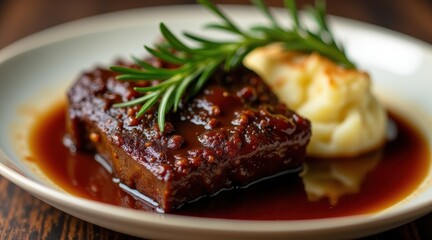 Juicy glazed beef brisket topped with fresh rosemary served alongside creamy mashed potatoes on a white plate, perfect for a gourmet dining experience