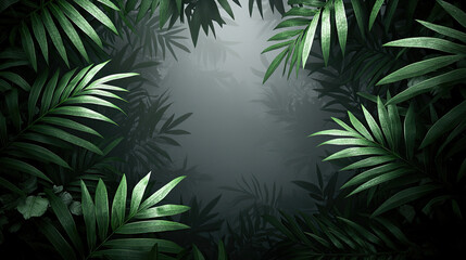 A serene forest background with lush green leaves framing a soft misty center.