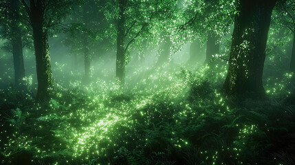 Fototapeta premium A serene forest illuminated by ethereal green light, showcasing nature's enchanting beauty.
