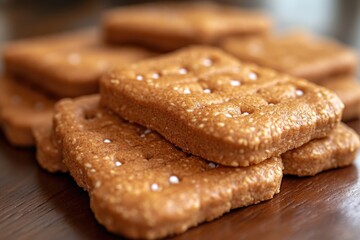 A pile of crackers sitting on a wooden table, perfect for snacking or serving at parties