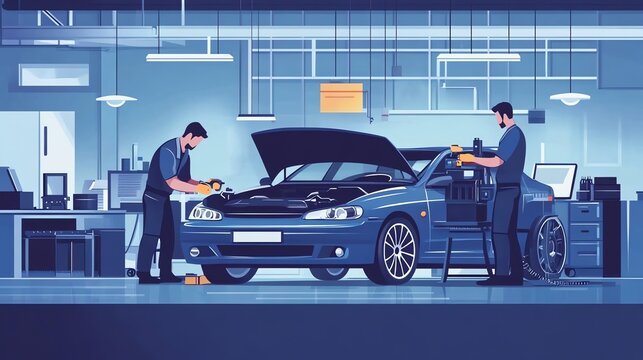 Two mechanics work on a car in a garage.