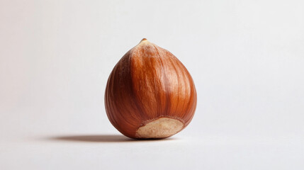 Close-up of a single hazelnut against a plain white background, highlighting its smooth texture and rich brown color.